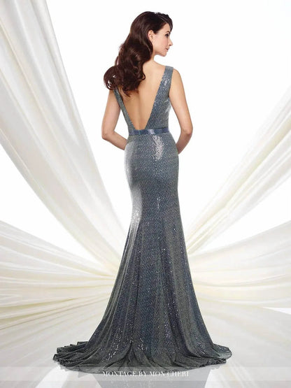 Social Occasions by Mon Cheri - Illusion Deep V-Neck Slate Sequin Floor Length Gown - Rack Hunt