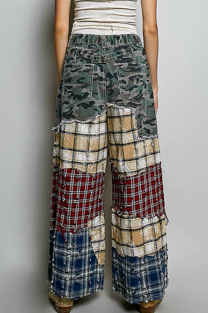 Asymmetrical Patchwork Buckle Back Detail Woven Pants