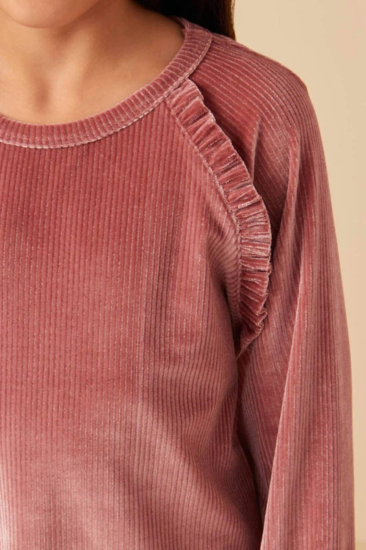 Girl's Ruffled Raglan Seam Brushed Rib Top