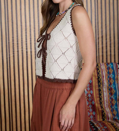 Contrast Stitch Crochet Knit Front Tie Vest