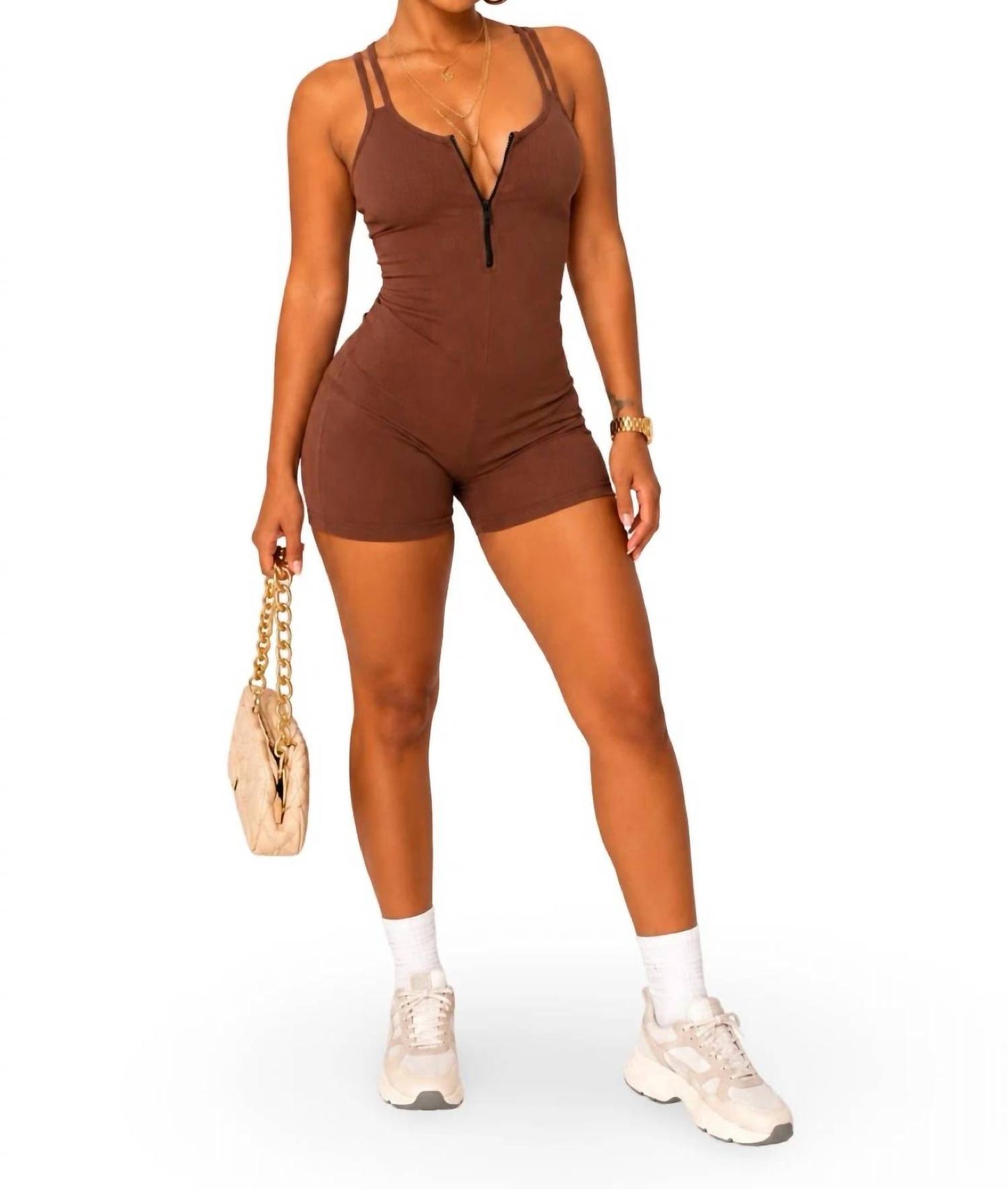 On a Daily Stretchy Spaghetti Strap Zip Up Romper