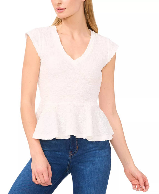 V Neck Puckered Knit Peplum Tee