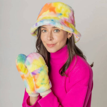 Women's Tie Dye Faux Fur Mitten Gloves