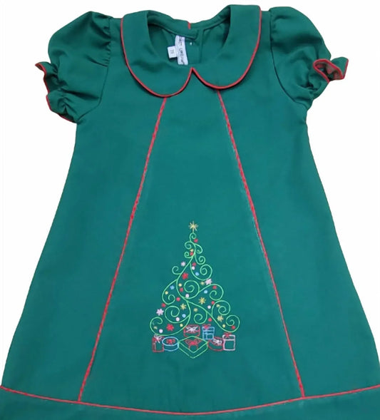 Muguet Collection - Girl's Christmas Tree Embroidered Hunter Dress - Rack Hunt
