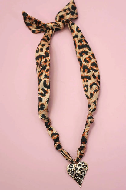 Wall to Wall - Leopard Knotted Scarf Layering Necklace with Leopard Heart Charm - Rack Hunt
