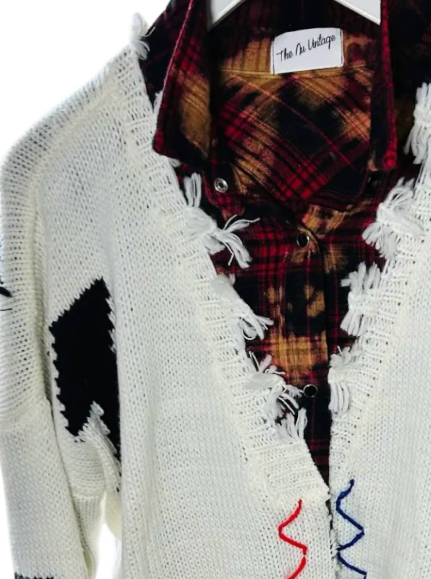 Women's Plaid Shirt With A Fringe Zig Zag Cardigan - 2 Piece Set