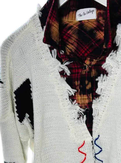 Women's Plaid Shirt With A Fringe Zig Zag Cardigan - 2 Piece Set