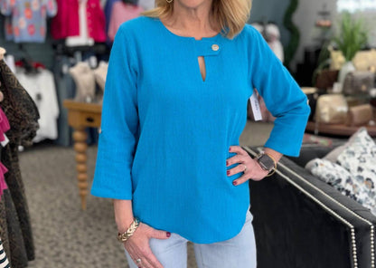 Round Neck Tab Detail Pullover Top