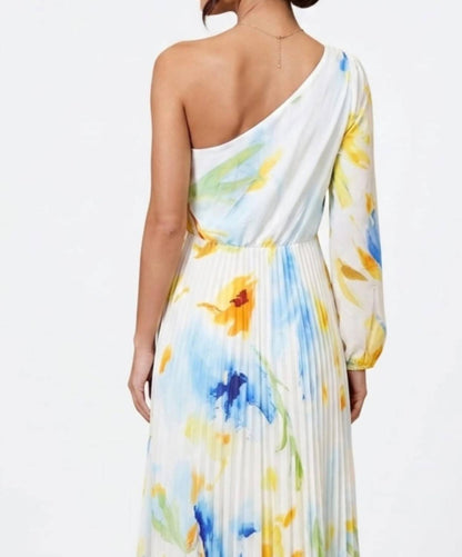 Chicways One-Shoulder Pleated Floral Maxi Dress