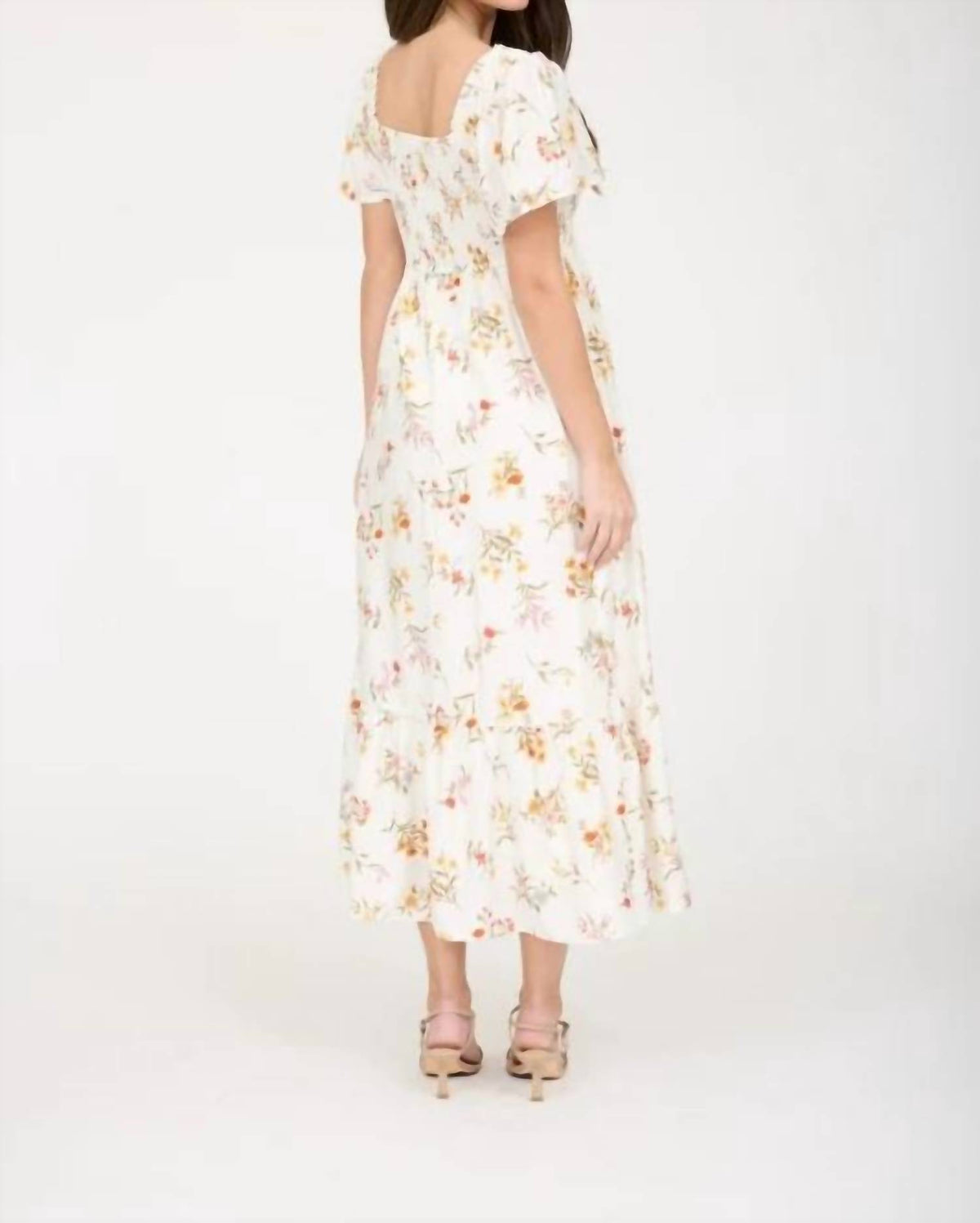 Floral Bell Sleeve Smocked Bust Midi Dress
