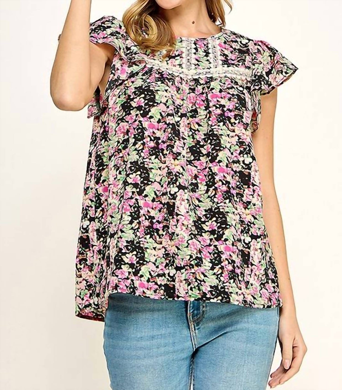 Floral Print Blouse with Crochet Trim