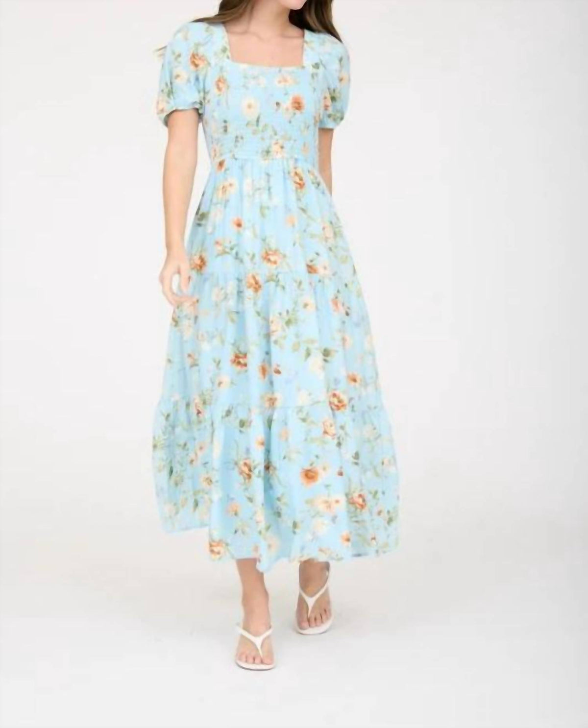 Floral Smocked Puff Sleeve A-line Midi Dress