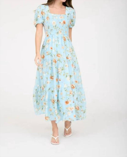 Floral Smocked Puff Sleeve A-line Midi Dress