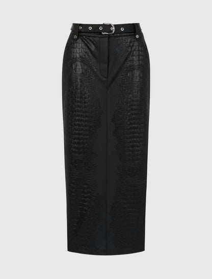 Faux Leather Midi Skirt With Belt