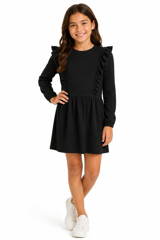 Girls Drop Waist Ruffle Trim Dress