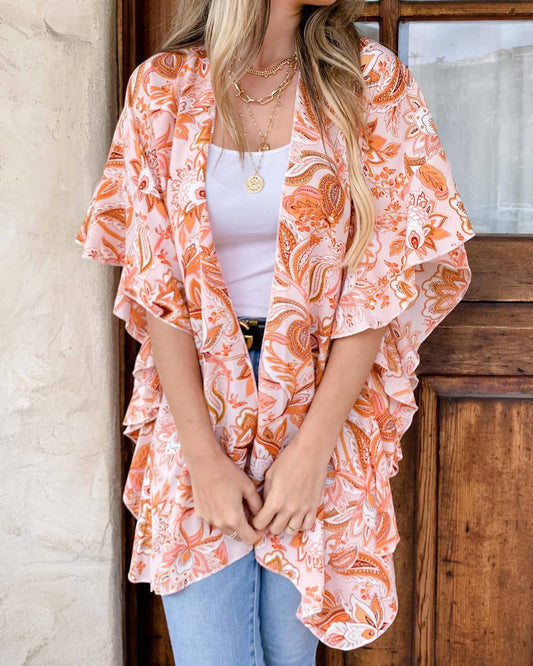 Floral Ruffle Sleeve Kimono