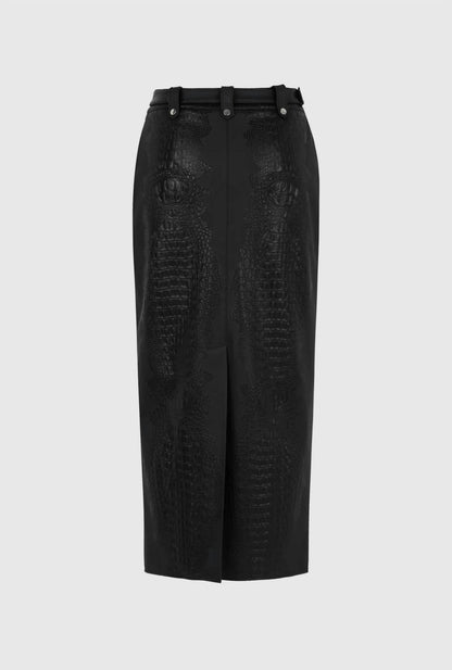 Faux Leather Midi Skirt With Belt