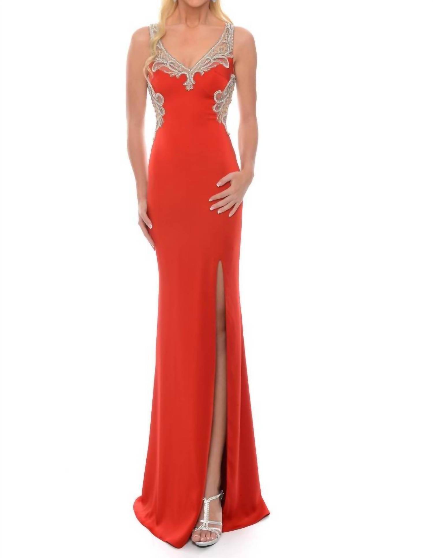 Precious Formals - Stretch Satin Gown With High Slit - Rack Hunt -