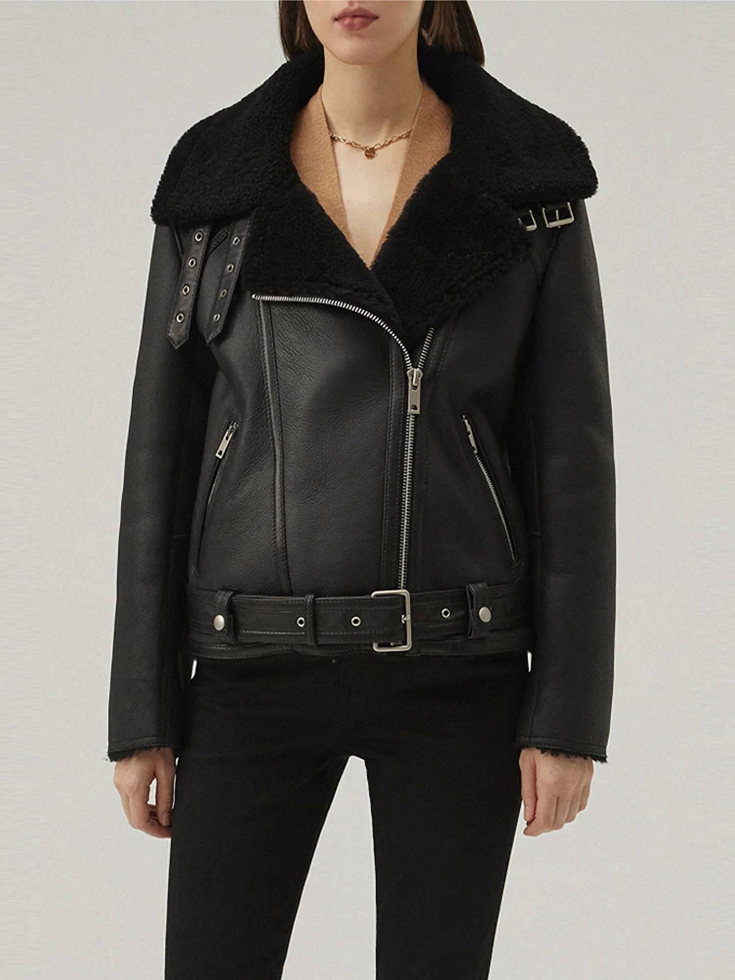 Asymmetrical Shearling Leather Jacket