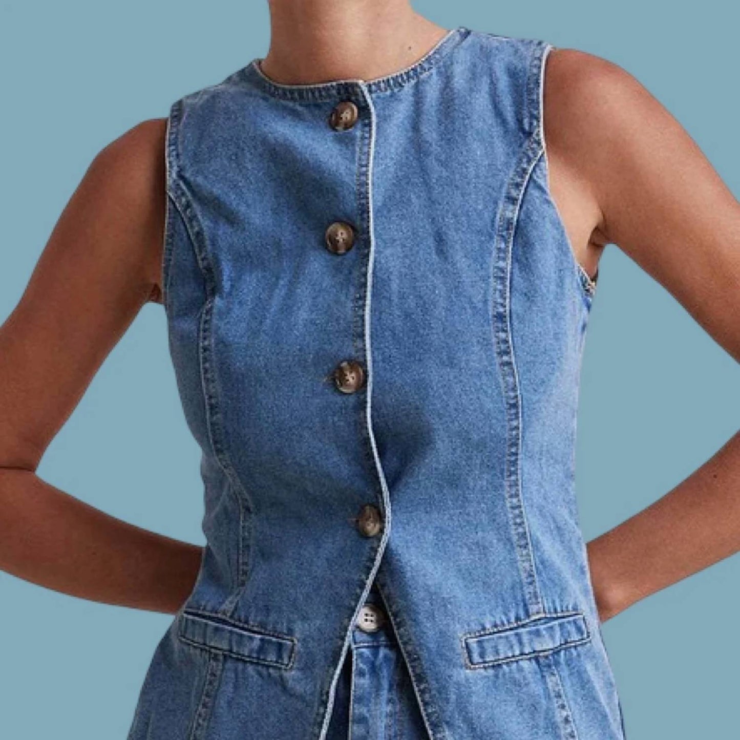 Soleil Buttoned Denim Vest And Shorts Set