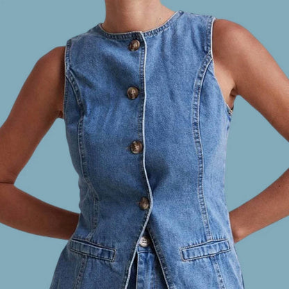 Soleil Buttoned Denim Vest And Shorts Set