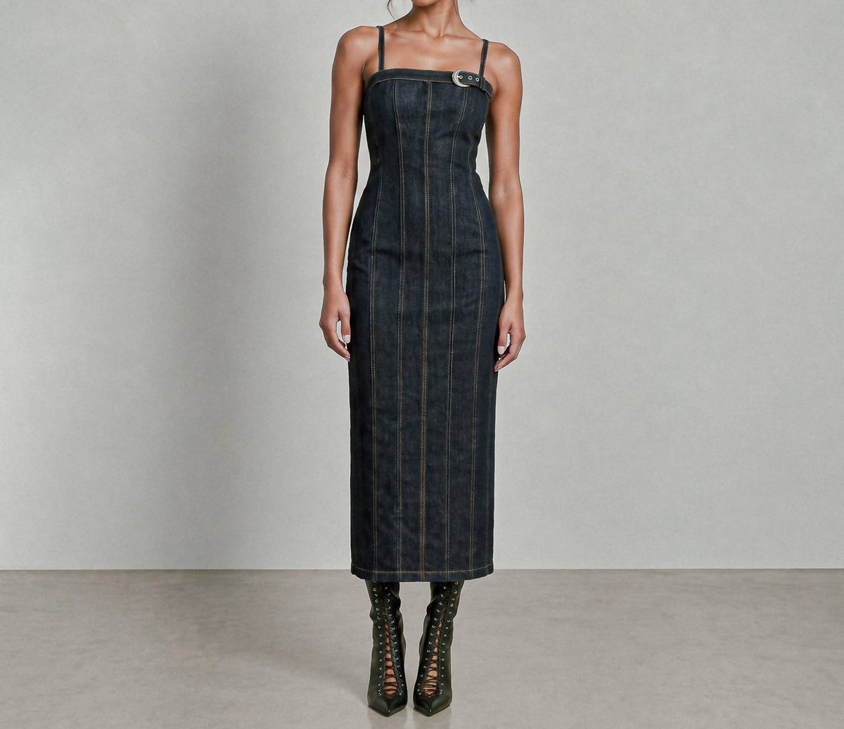 Denim Buckle Midi Dress