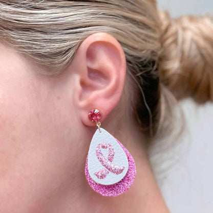 Women's Breast Cancer Glitter Teardrop Earrings