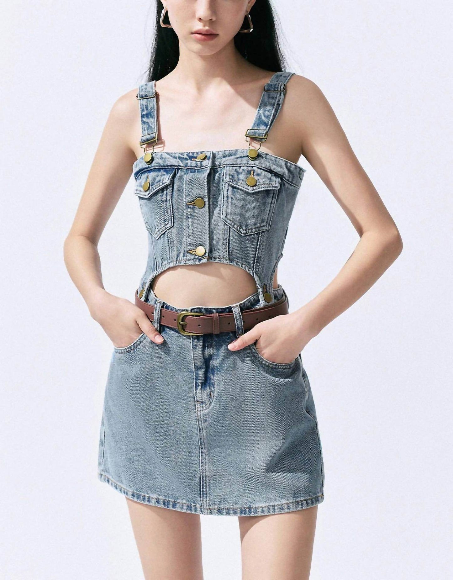 Urban Revivo - 2 In 1 Denim Pinafore Dress - Rack Hunt -