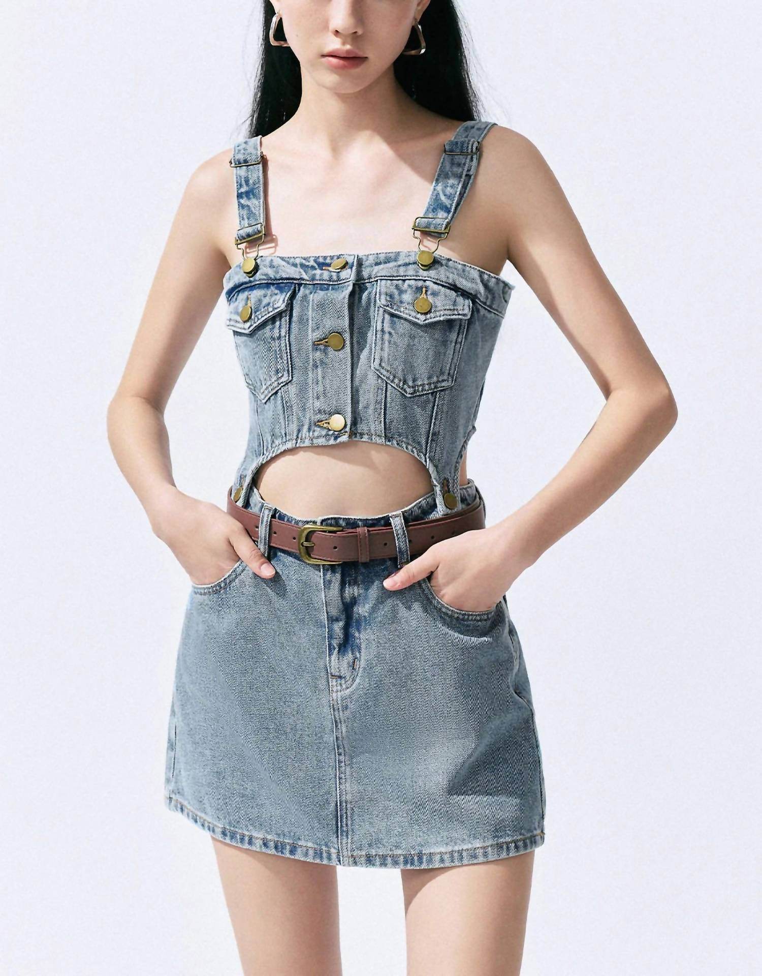 Urban Revivo - 2 In 1 Denim Pinafore Dress - Rack Hunt -