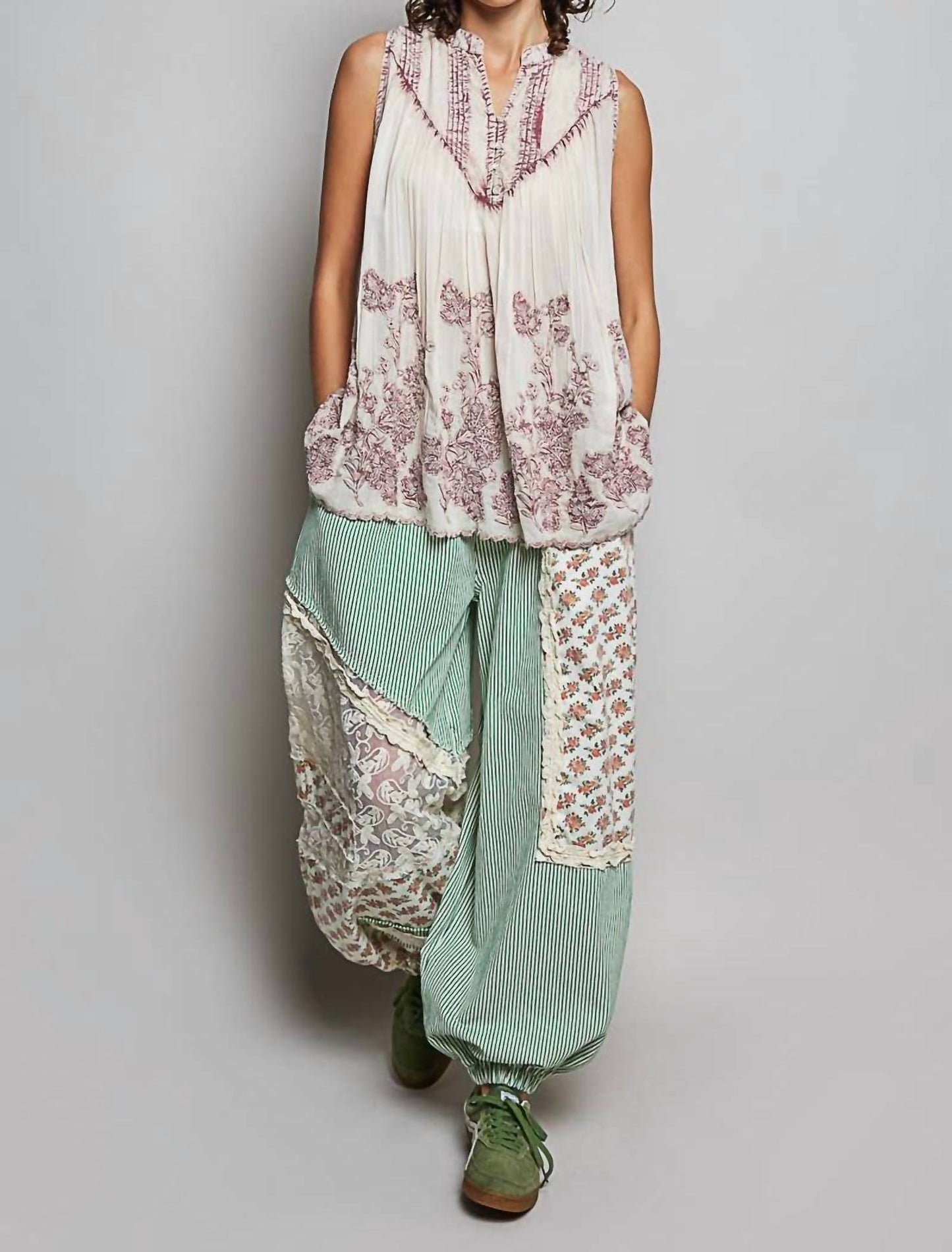 Embroidered V Neck Sleeveless Elastic Loop Shirring Top