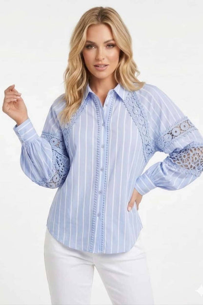 Striped Crochet Lace Button Down Blouse