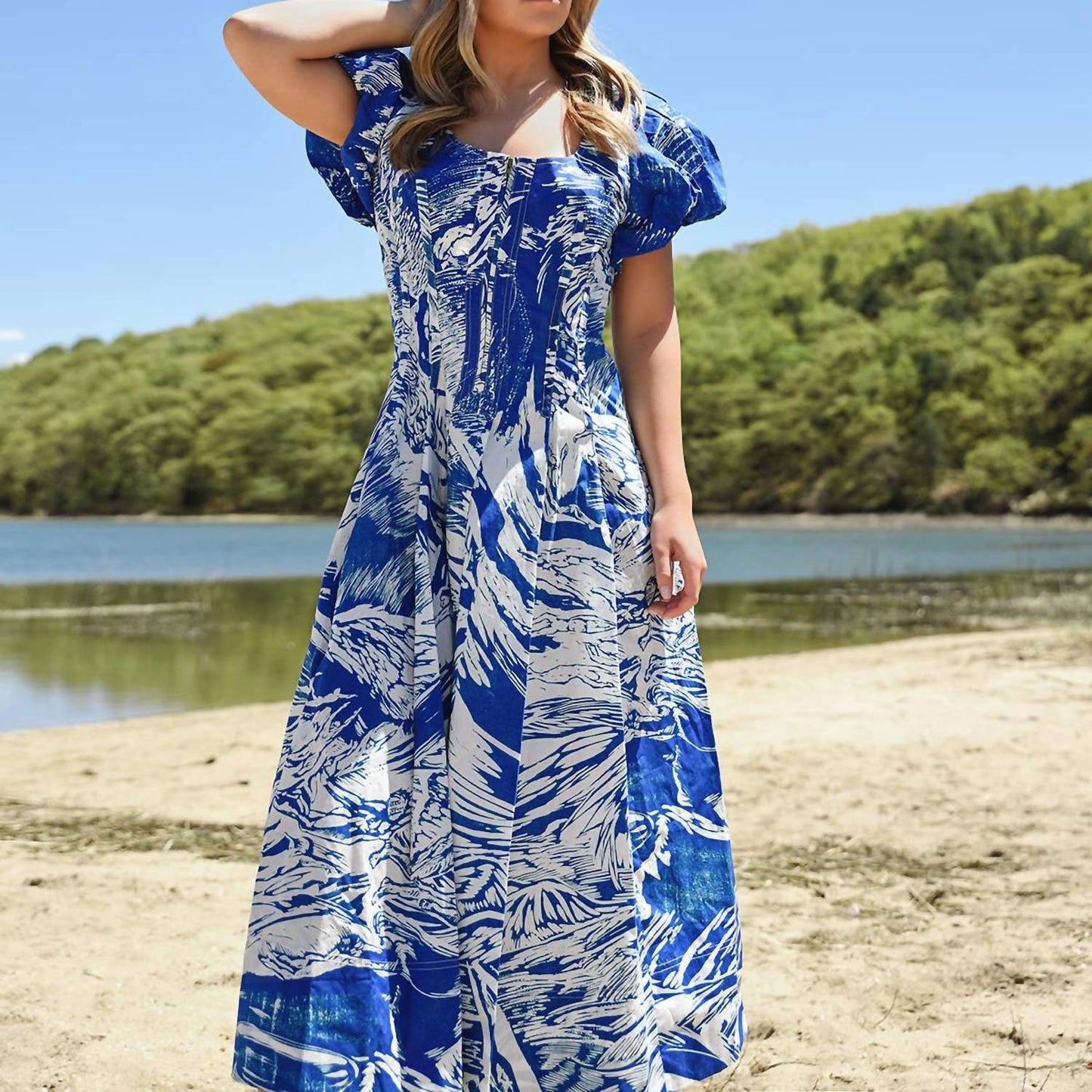 Printmaking Scoop Neck Cotton Midi Dress