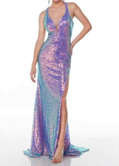 Sleeveless Sequined High Slit Gown