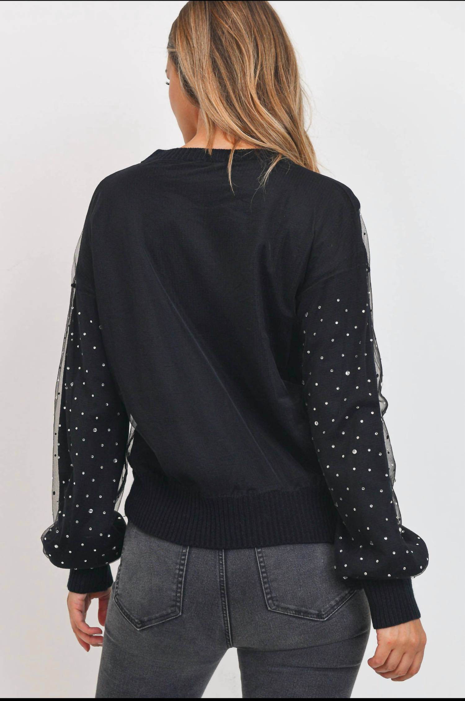 Sweet Rain - Rhinestone Sheer Overlay Sweater - Rack Hunt -