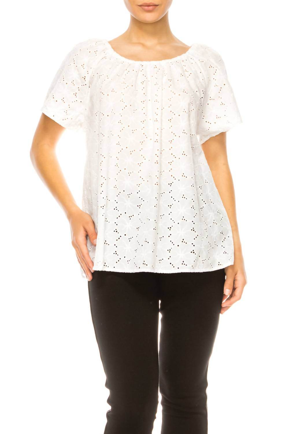 Grand & Greene - Floral Eyelet Elastic Neckline Top - Rack Hunt