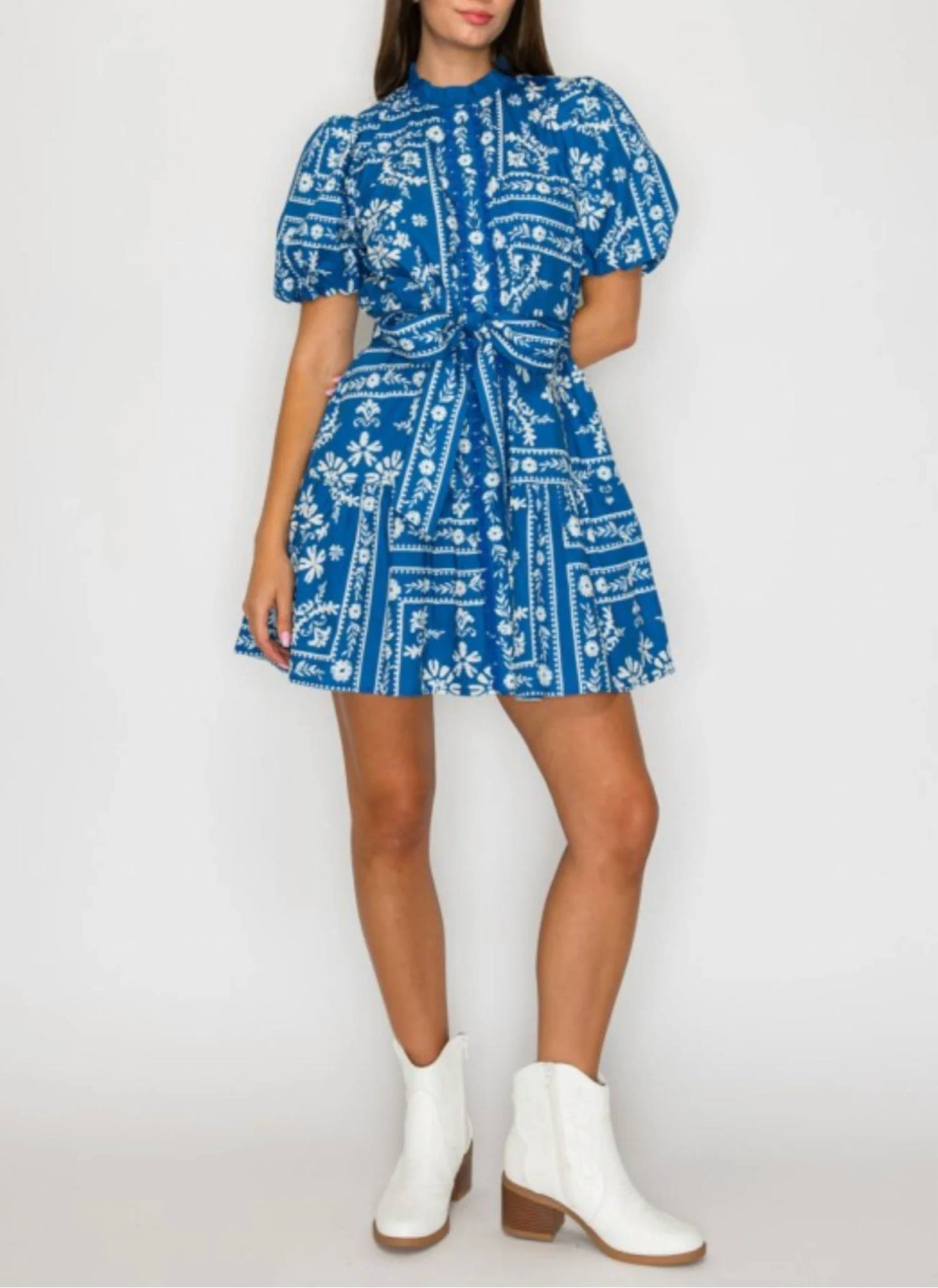 Bandana Print Cotton Puff Sleeve Mini Dress