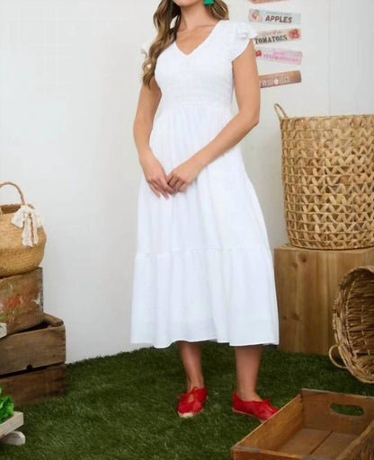 Flutter Sleeve V-neck Smocked Midi Dress