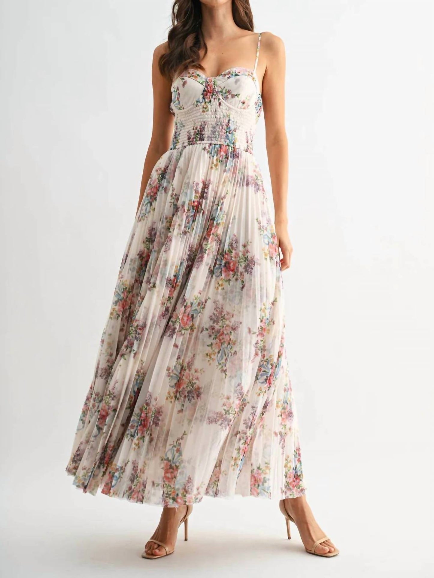 Pleated Floral Tulle Maxi Dress