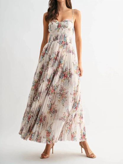 Pleated Floral Tulle Maxi Dress