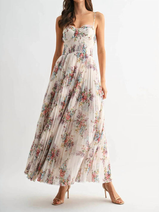 Pleated Floral Tulle Maxi Dress