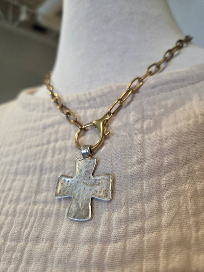 Women's Paperclip Chain Necklace And Clasp With Cross Pendant