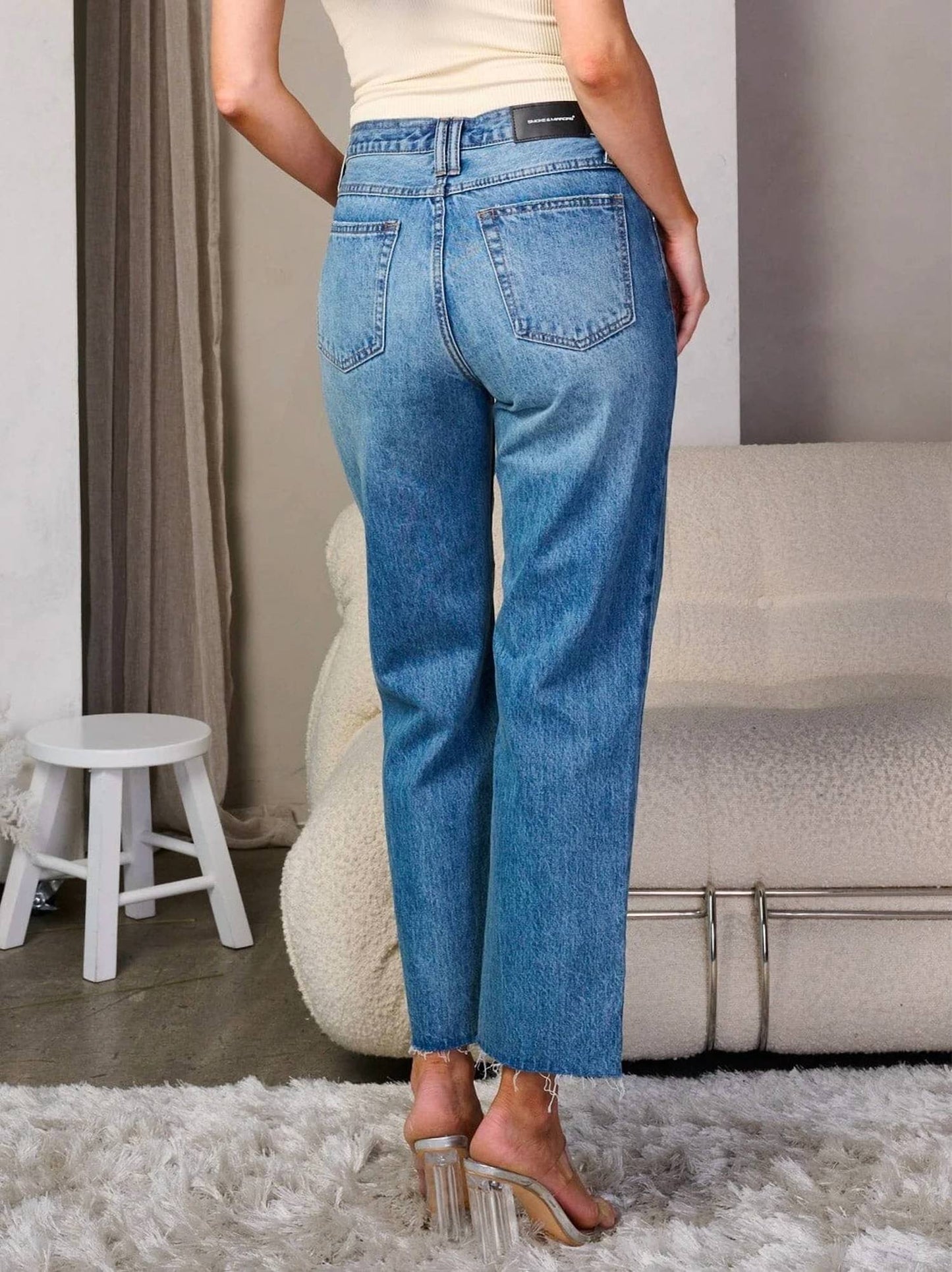 Button Closure Distress Wide Leg Denim Jeans