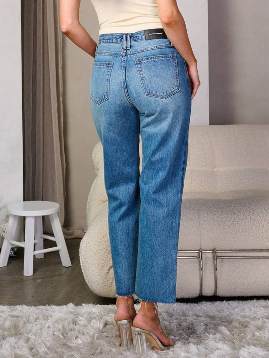 Button Closure Distress Wide Leg Denim Jeans