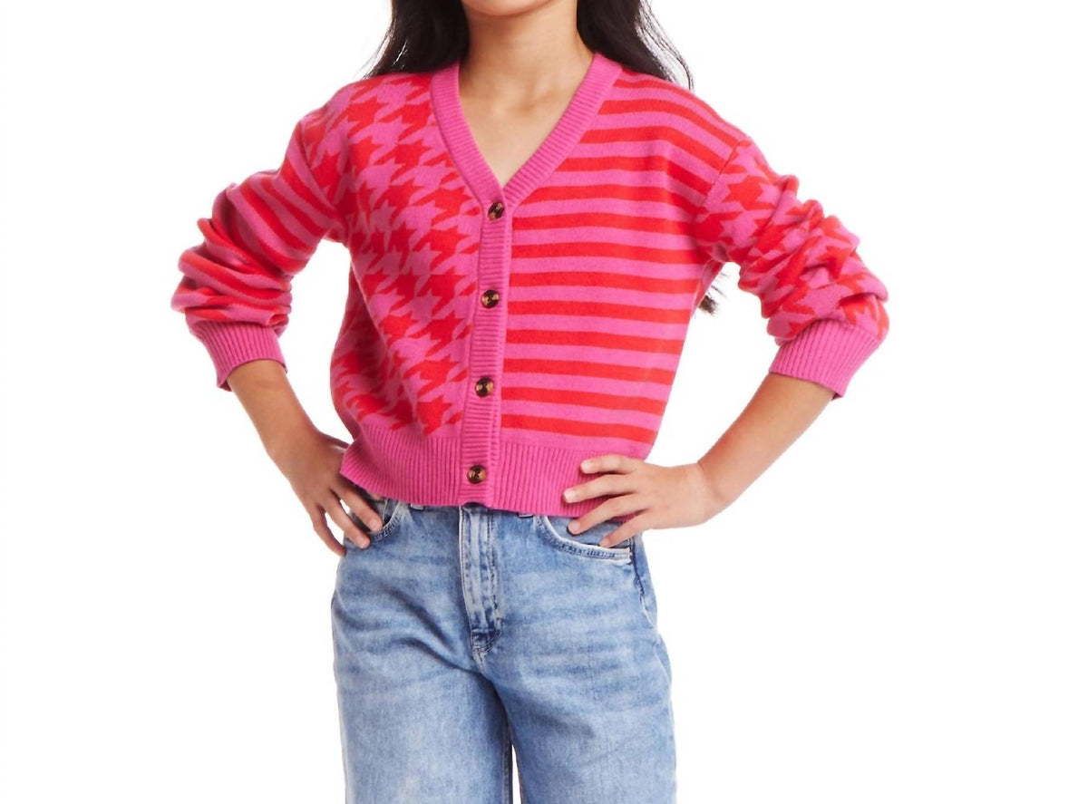 Girl's Houndstooth N' Striped Cropped Cardigan