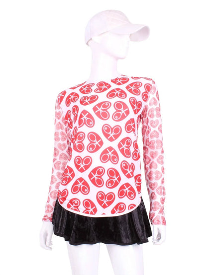 Love Love Tennis - Women's Hearts Mesh Arm Long Sleeve Crew Tee - Rack Hunt