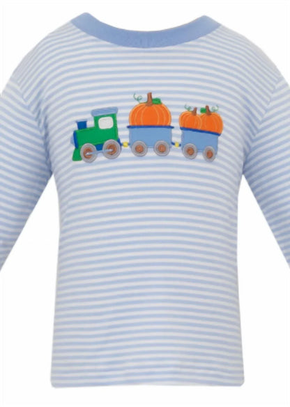 Claire & Charlie - Boy's Pumpkin Train Applique Stripe Long Sleeve Knit Shirt - Rack Hunt