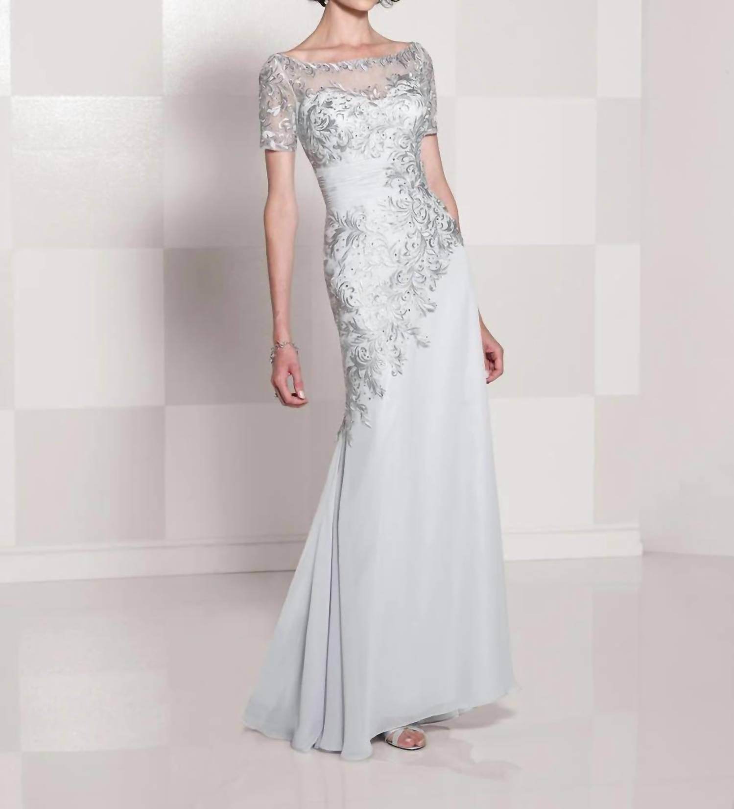 Social Occasions by Mon Cheri - Silver Lace White Long Gown - Rack Hunt