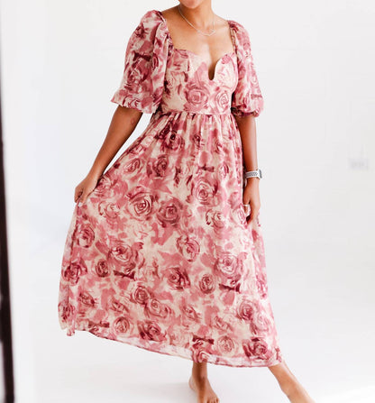 Women's Floral Textured Jacquared Midi Dress
