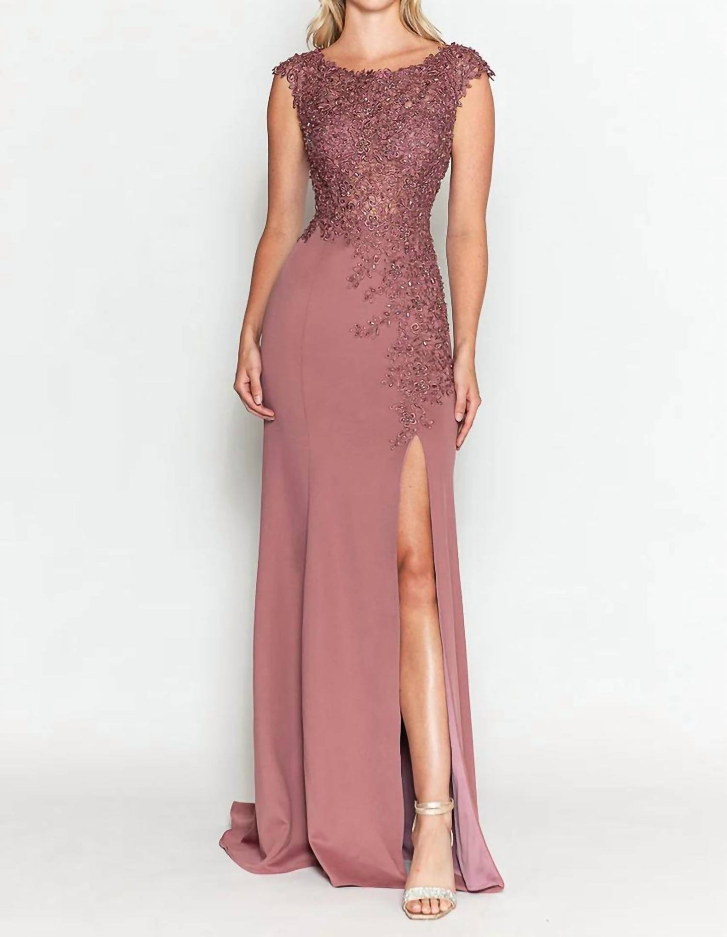 Pageant Boat Neck Cap Sleeve Sheath Gown