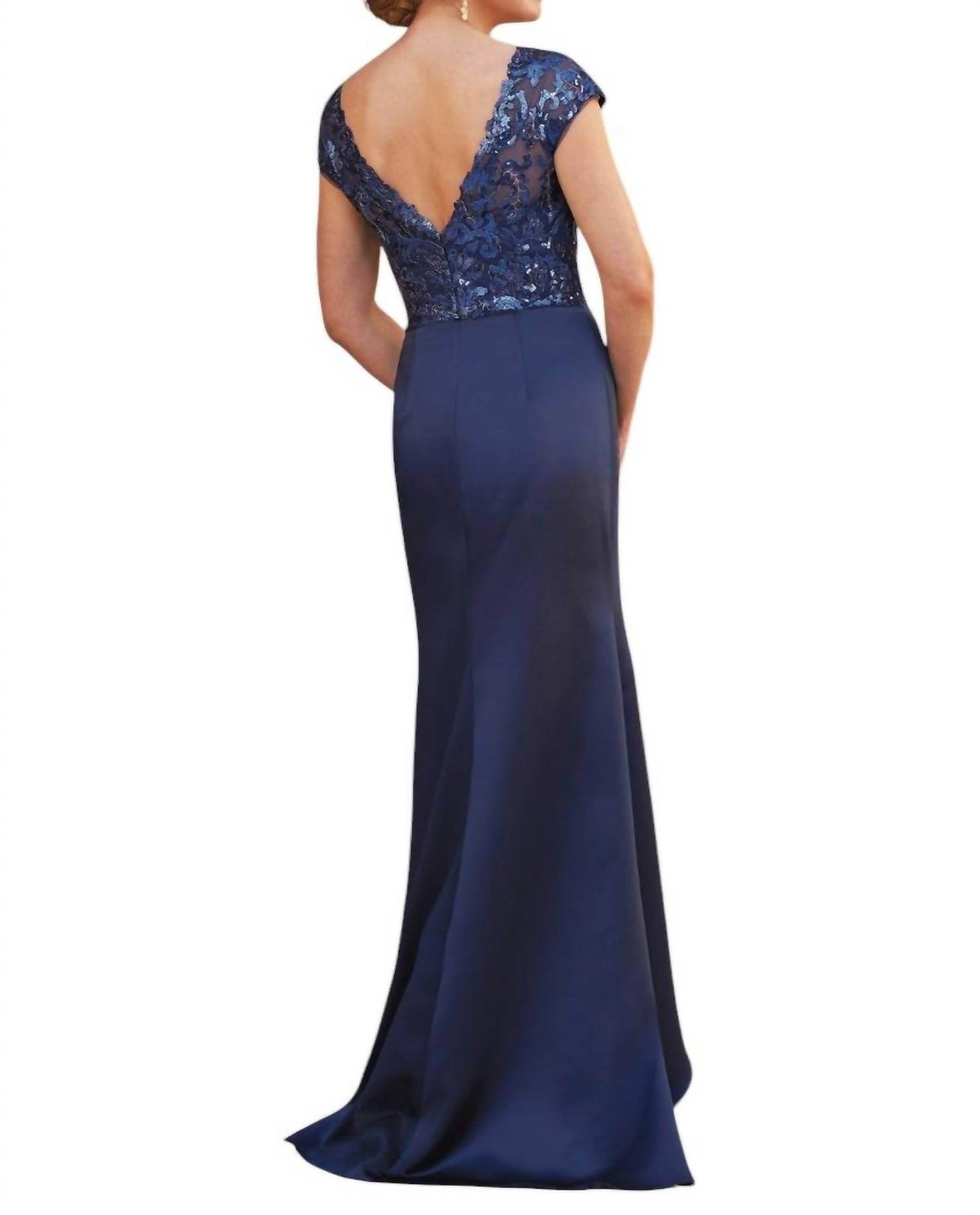 Jade Couture - V-neck Paillette Metallic Embroidery Lace & Marquis Satin MOB Dress - Rack Hunt -